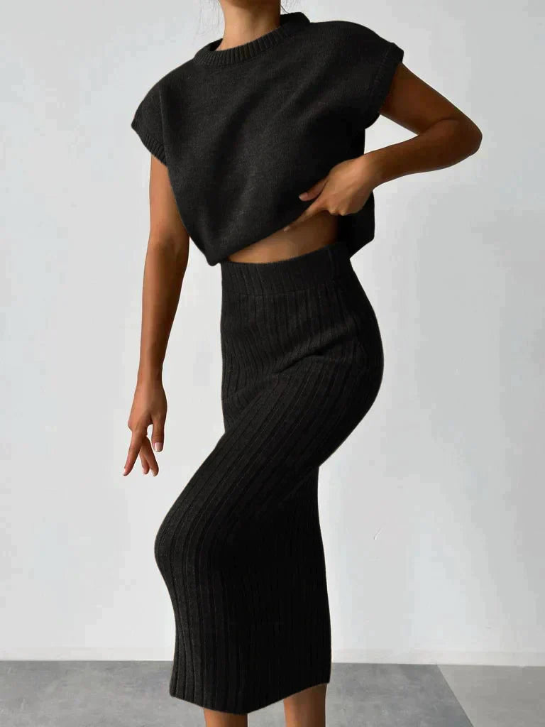 Rose Gebreide 2-Delige Set voor Dames – Elegante Dames Set met Top & Rok