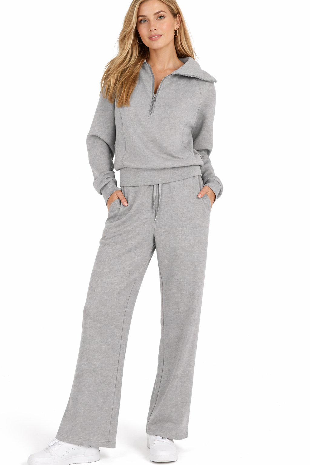 Rose Loungewear Set - Flare Broek & Zip-Trui met Hoge Kraag