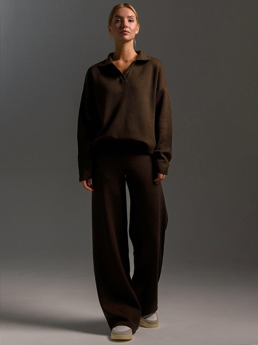 Rose Gebreide Loungewear Set voor Dames – Comfortabel, Oversized met Kraag en Wijde Pijpen