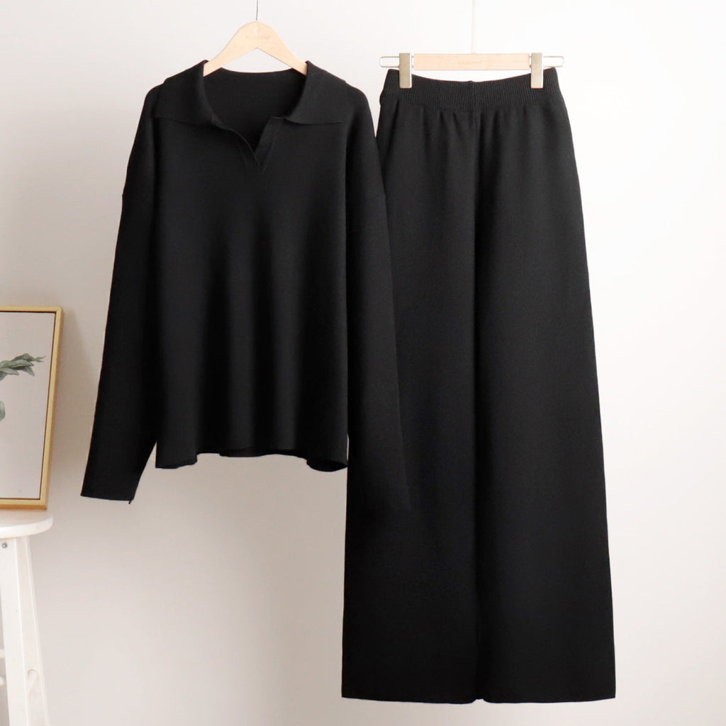 Rose Gebreide Loungewear Set voor Dames – Comfortabel, Oversized met Kraag en Wijde Pijpen