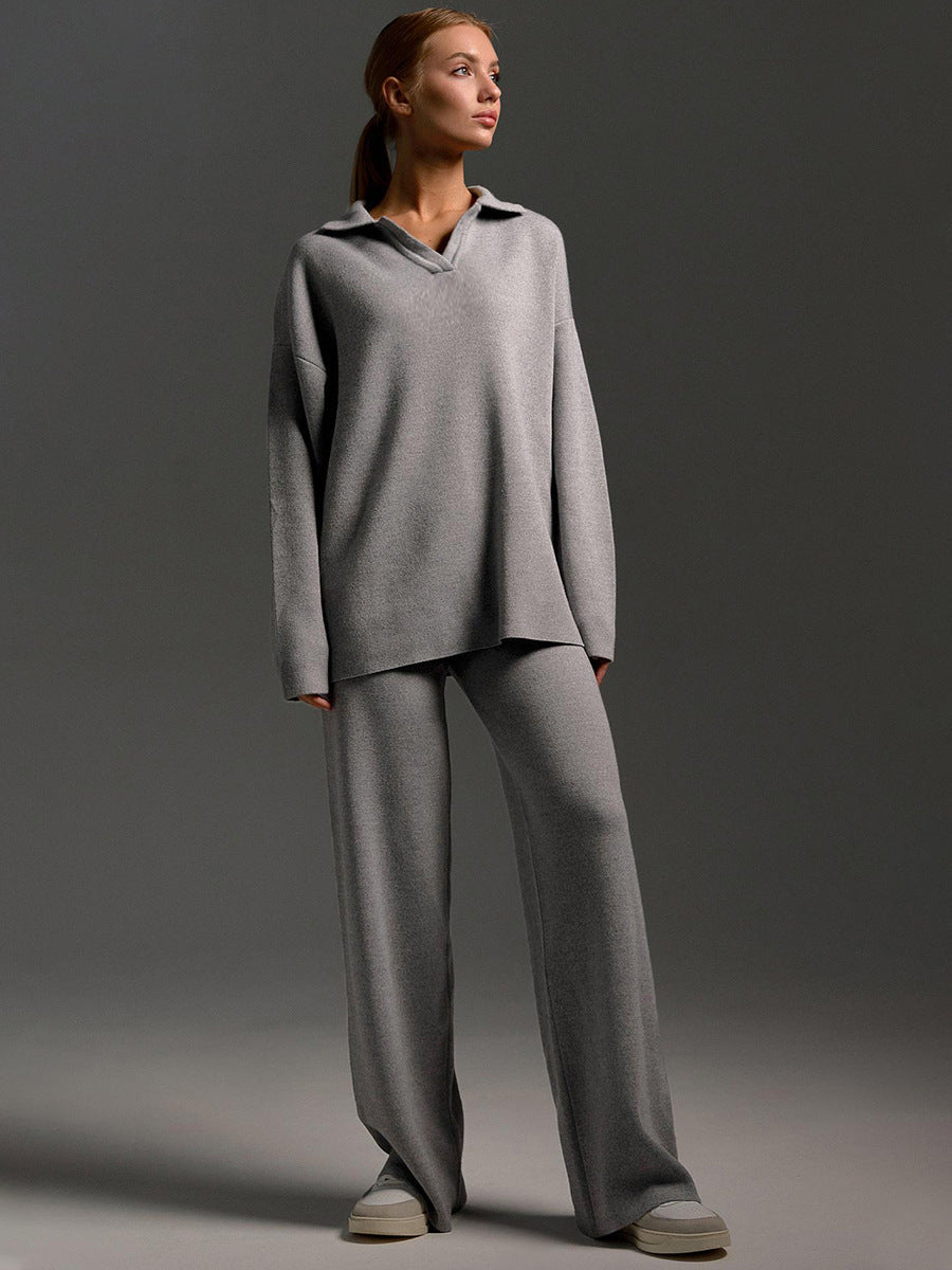 Rose Gebreide Loungewear Set voor Dames – Comfortabel, Oversized met Kraag en Wijde Pijpen