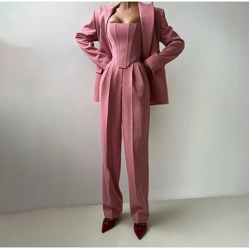 Rose 3-Delige set voor Dames - Blazer, Broek en Corset Top