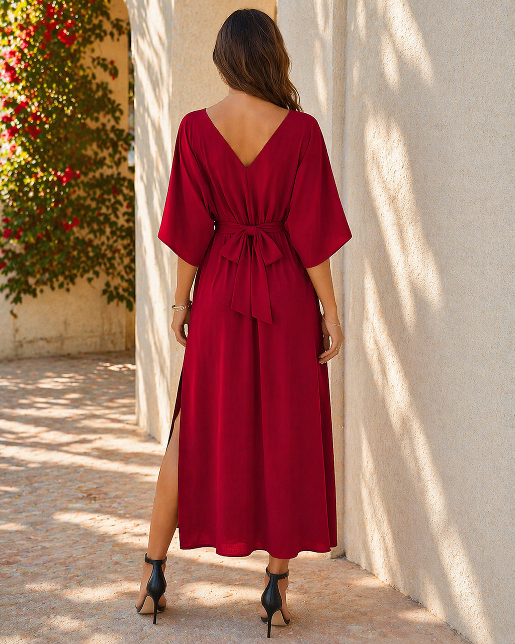 Rose Maxi Zomer Jurk - V-Hals, Losse Pasvorm, Strikceintuur & Split