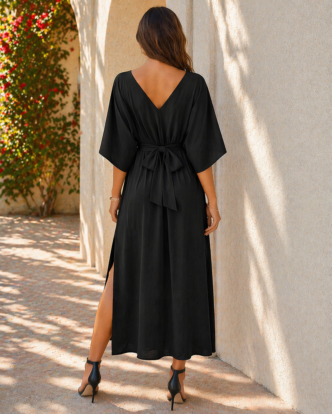 Rose Maxi Zomer Jurk - V-Hals, Losse Pasvorm, Strikceintuur & Split