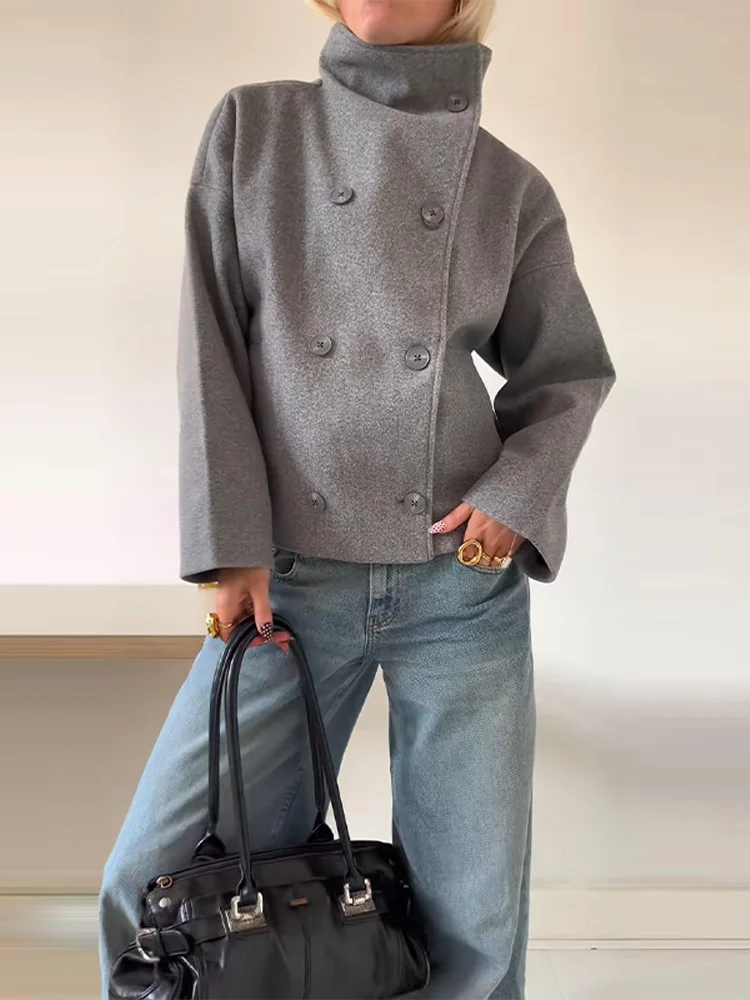 Rose Wolblend Dames Jas met Hoge Kraag & Dubbele Knopen