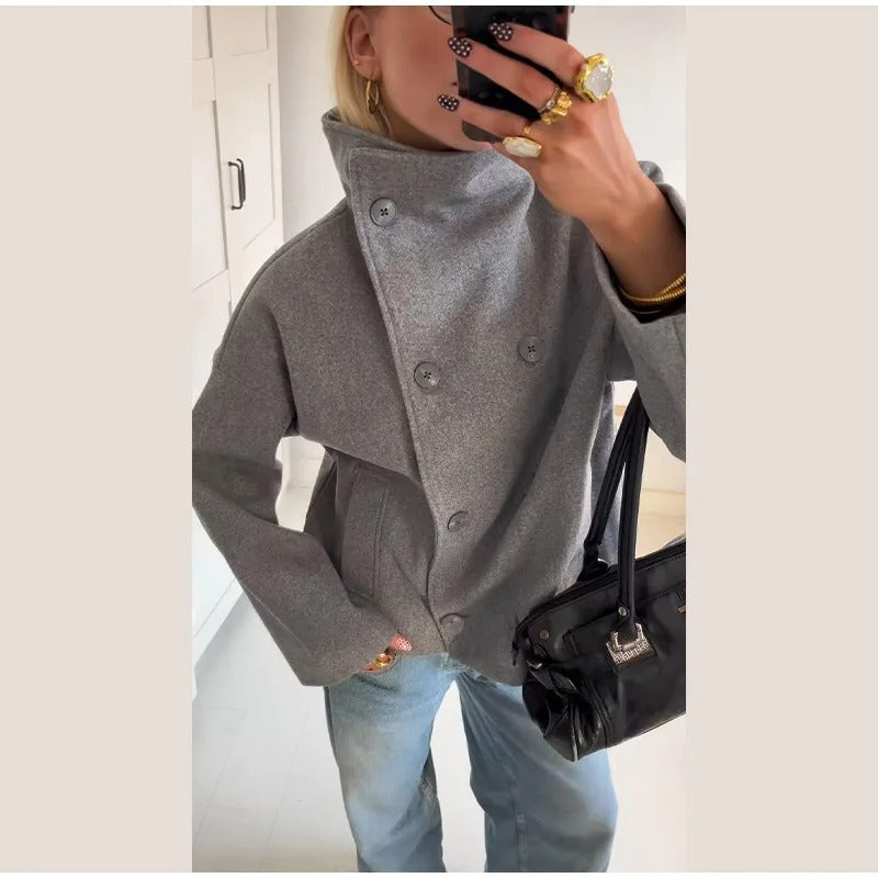 Rose Wolblend Dames Jas met Hoge Kraag & Dubbele Knopen