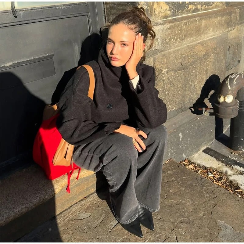 Rose Wolblend Dames Jas met Hoge Kraag & Dubbele Knopen