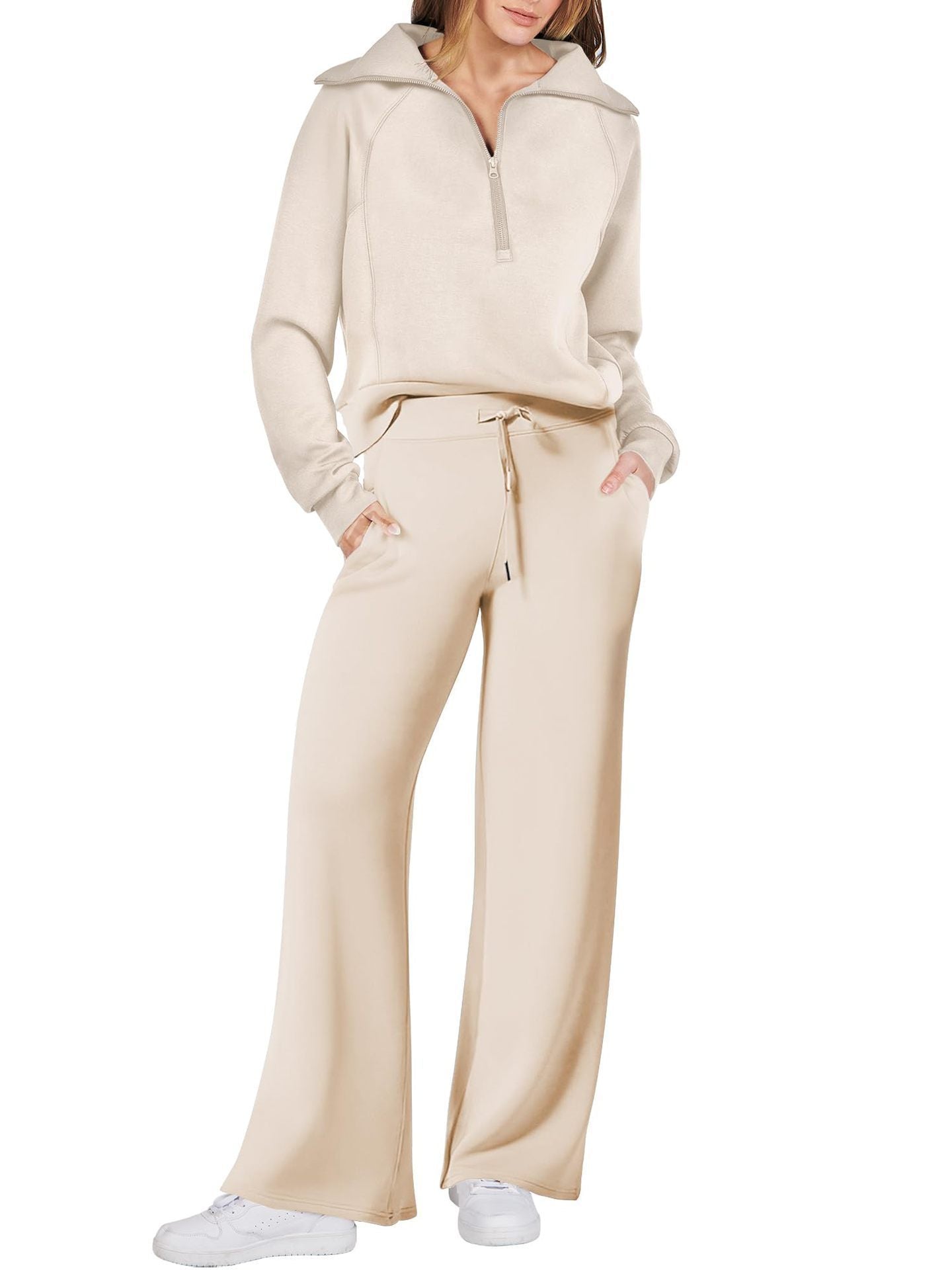 Rose Relaxed Loungewear Set voor Dames - Flare Broek & Zip-Trui met Hoge Kraag