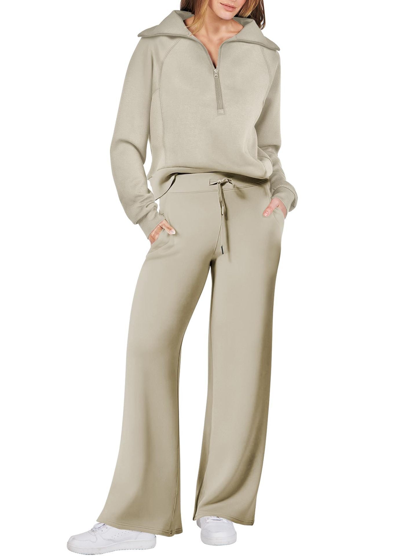 Rose Relaxed Loungewear Set voor Dames - Flare Broek & Zip-Trui met Hoge Kraag