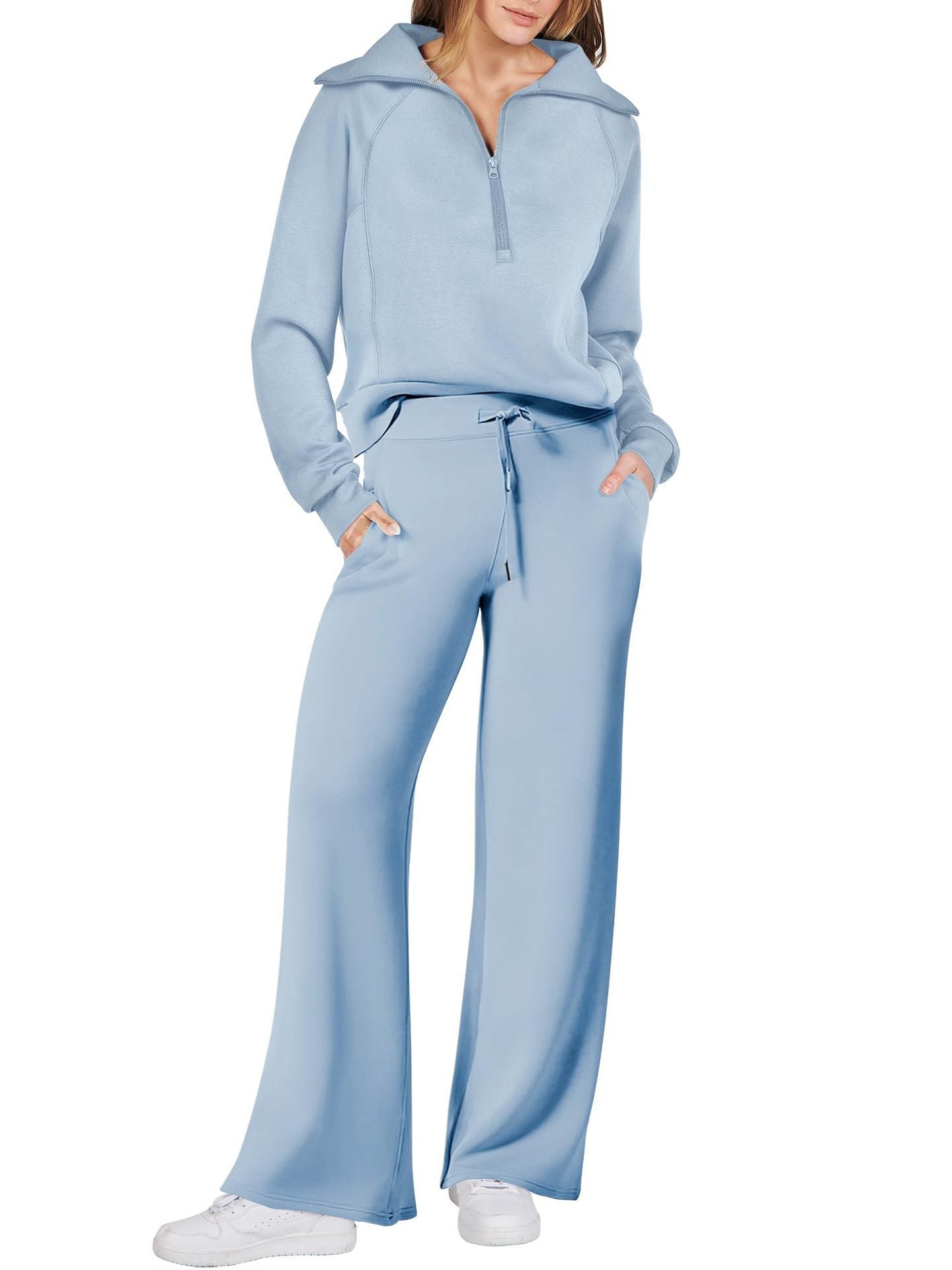 Rose Relaxed Loungewear Set voor Dames - Flare Broek & Zip-Trui met Hoge Kraag