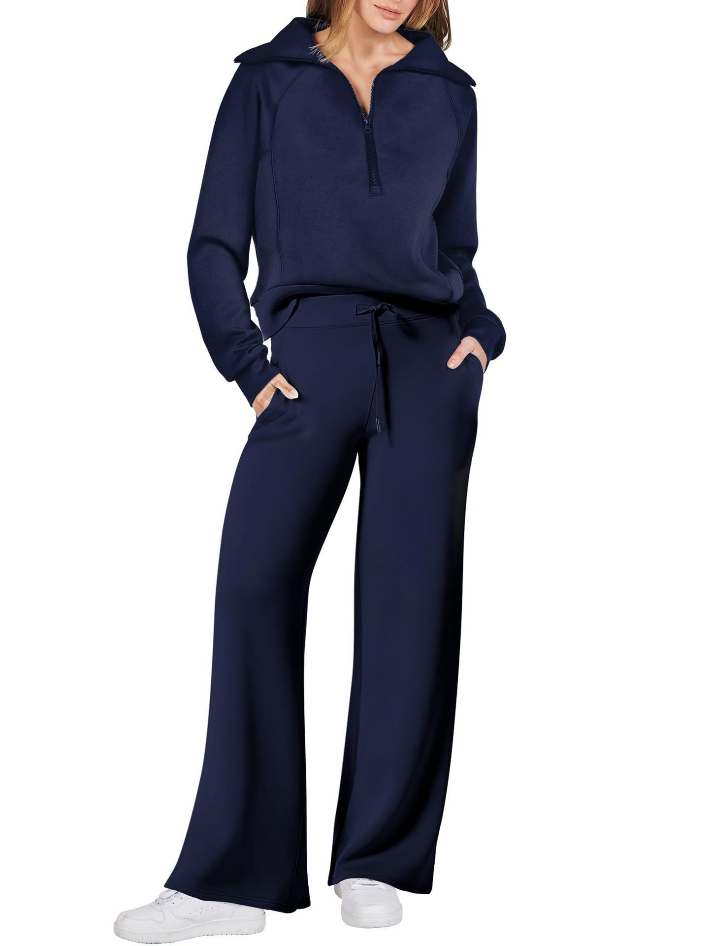 Rose Relaxed Loungewear Set voor Dames - Flare Broek & Zip-Trui met Hoge Kraag