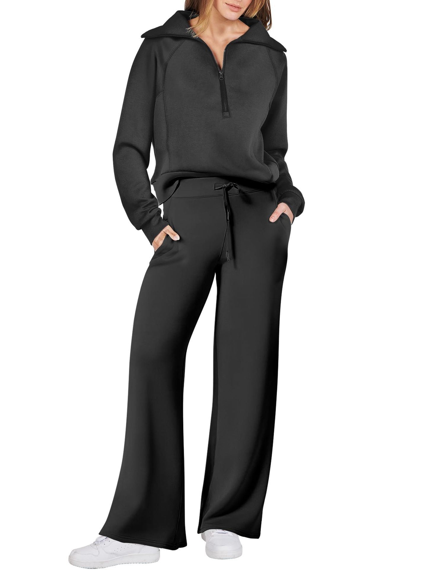 Rose Relaxed Loungewear Set voor Dames - Flare Broek & Zip-Trui met Hoge Kraag