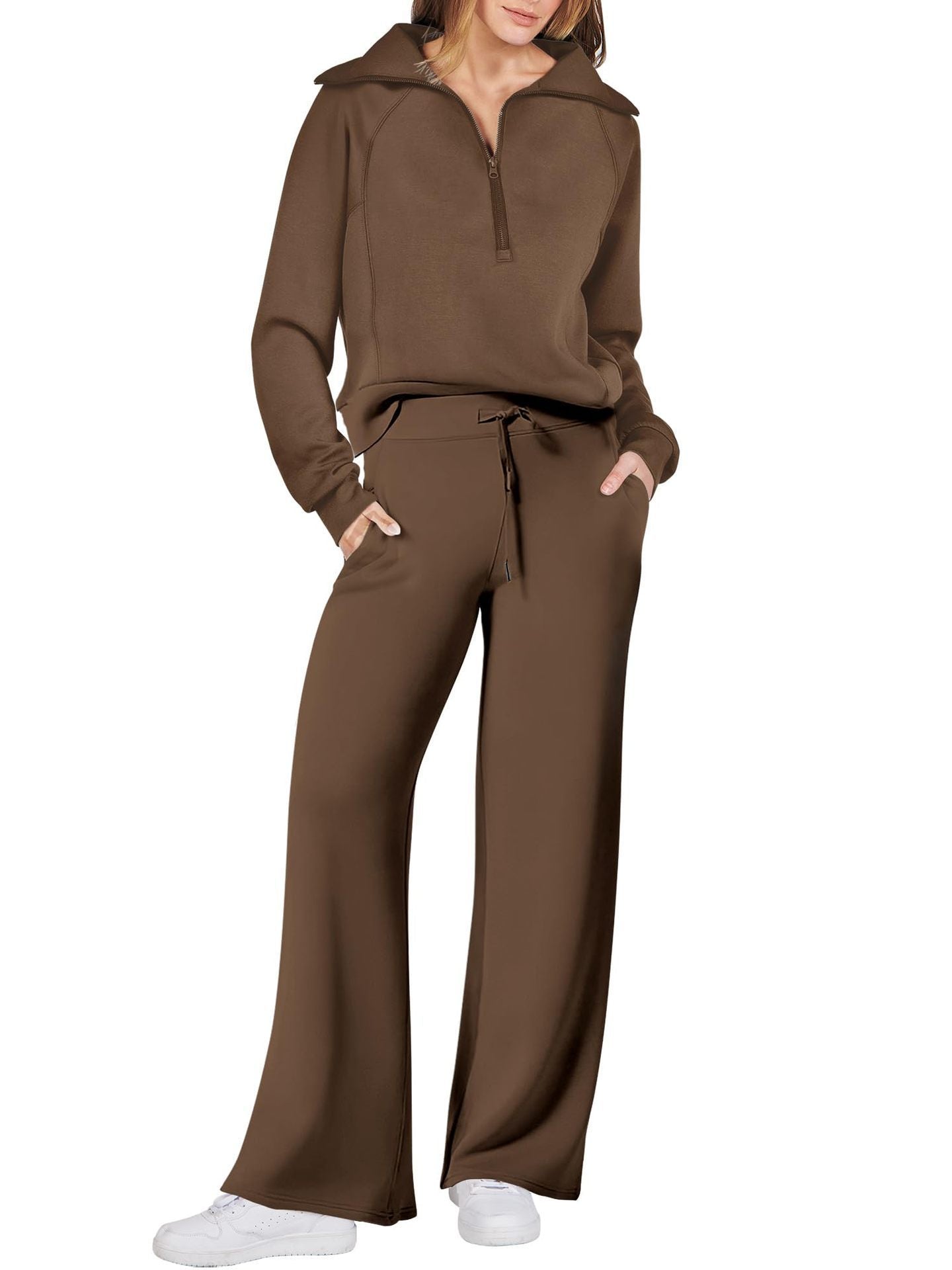 Rose Relaxed Loungewear Set voor Dames - Flare Broek & Zip-Trui met Hoge Kraag