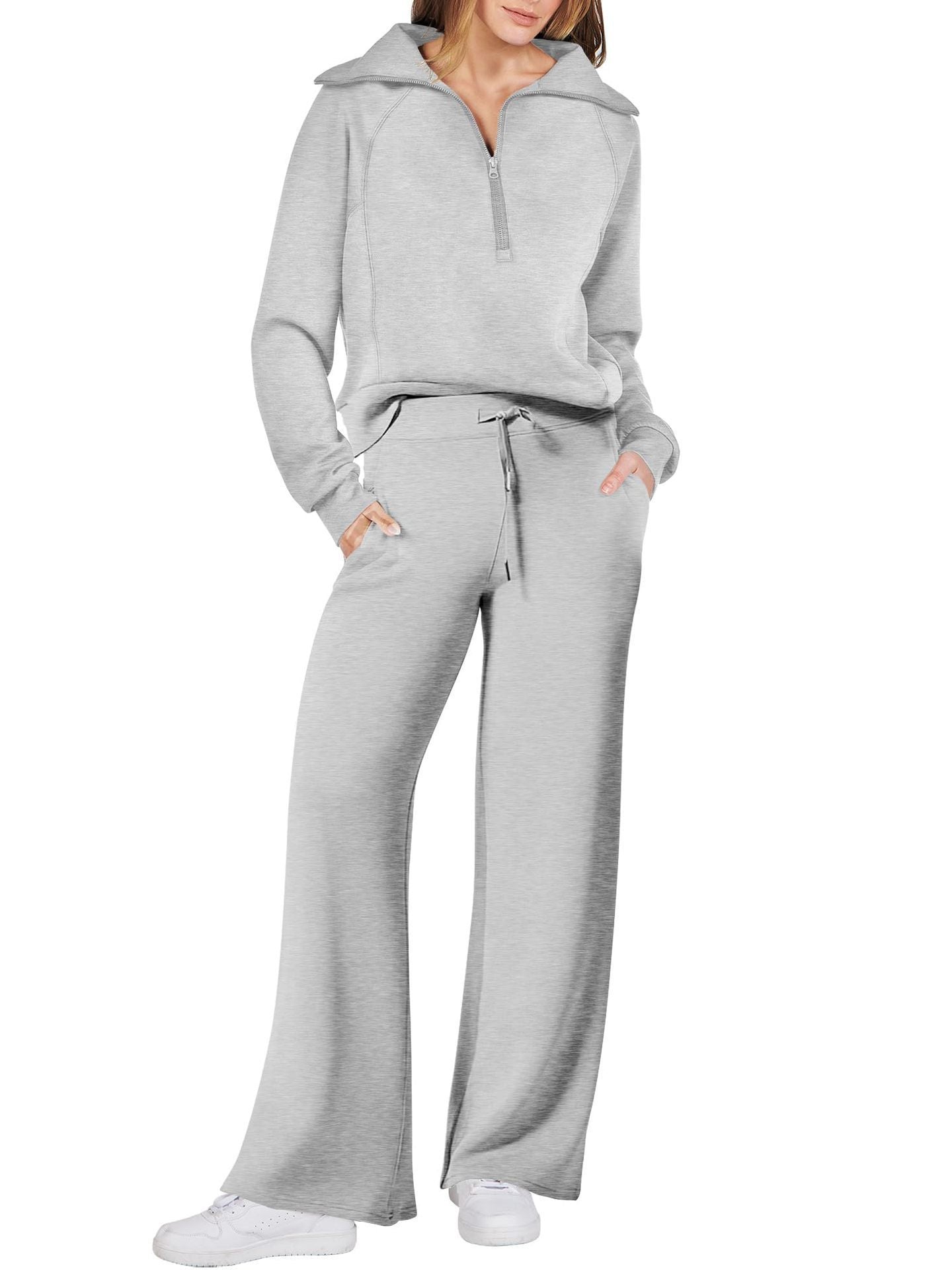 Rose Relaxed Loungewear Set voor Dames - Flare Broek & Zip-Trui met Hoge Kraag