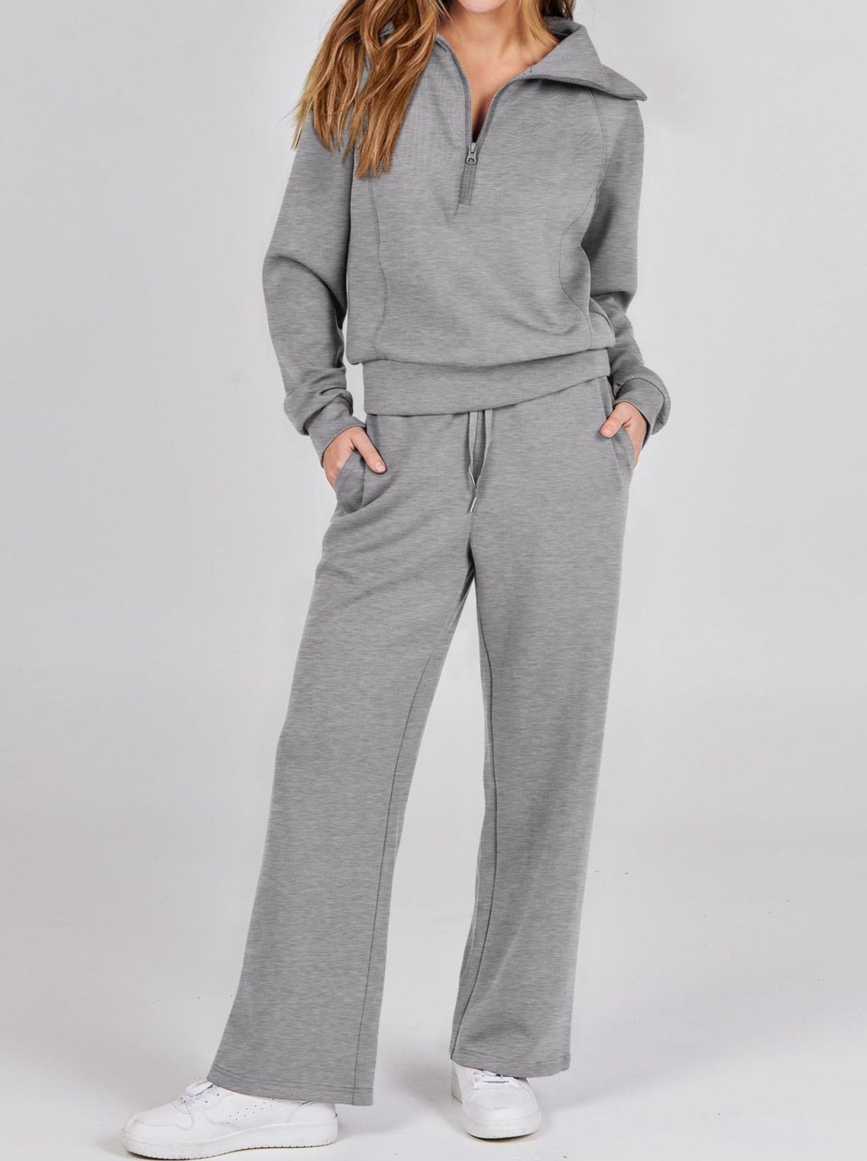 Rose Relaxed Loungewear Set voor Dames - Flare Broek & Zip-Trui met Hoge Kraag