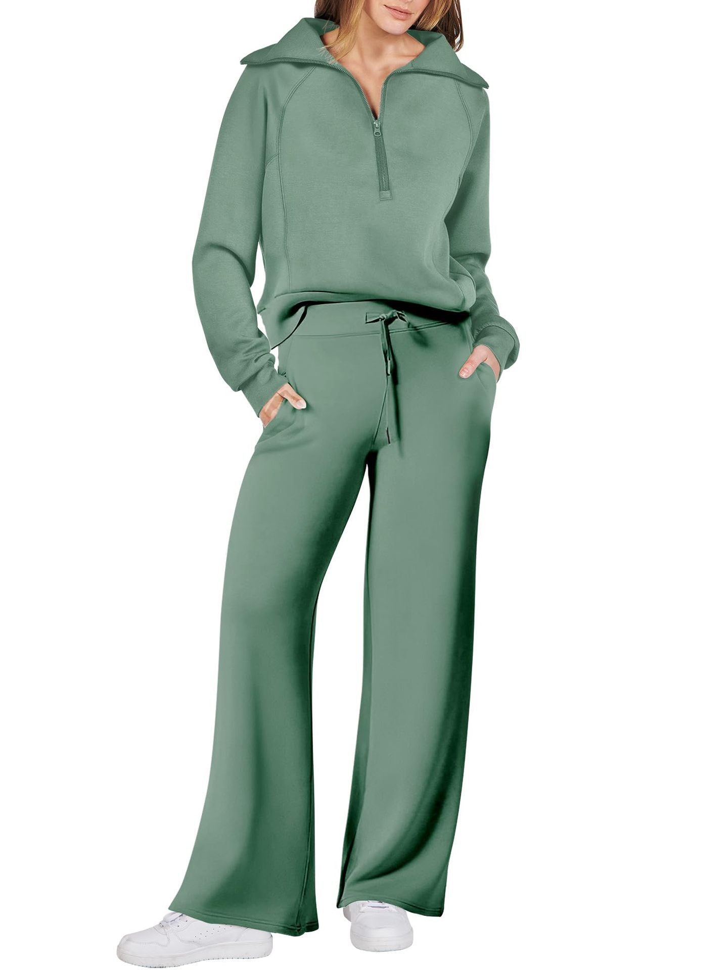 Rose Relaxed Loungewear Set voor Dames - Flare Broek & Zip-Trui met Hoge Kraag
