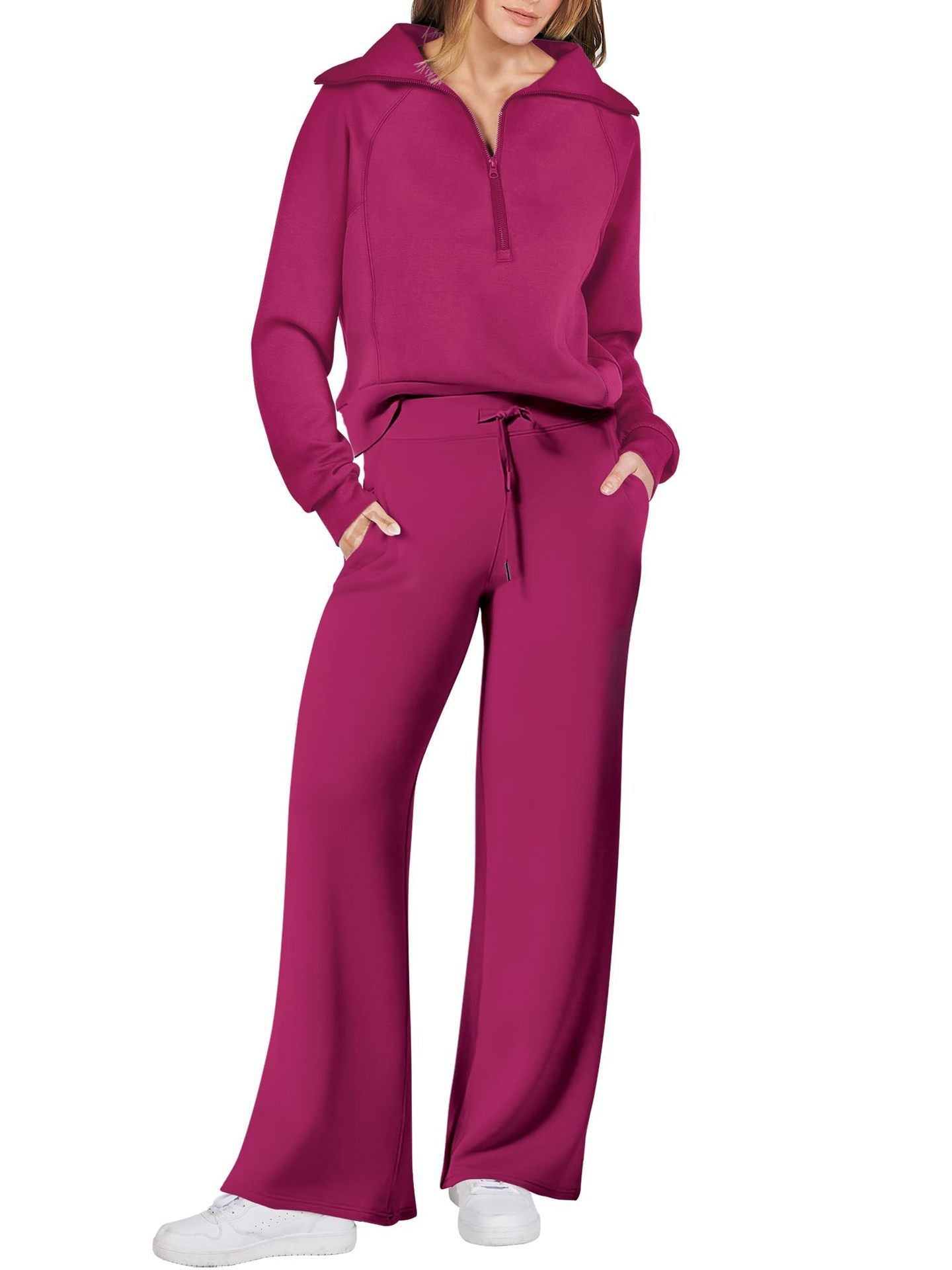 Rose Relaxed Loungewear Set voor Dames - Flare Broek & Zip-Trui met Hoge Kraag