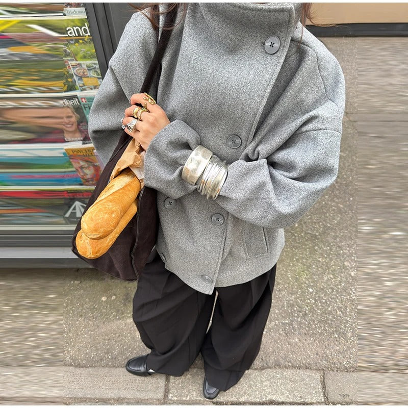 Rose Wolblend Dames Jas met Hoge Kraag & Dubbele Knopen