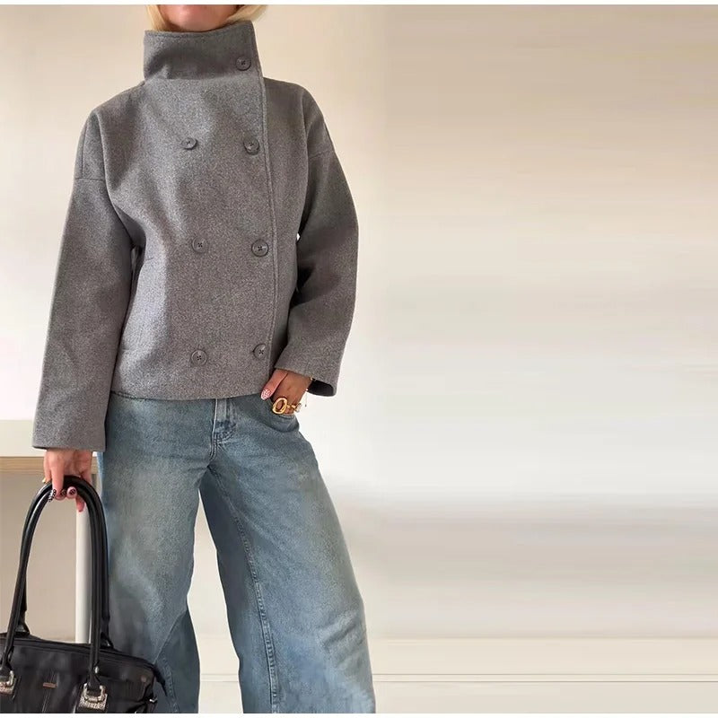 Rose Wolblend Dames Jas met Hoge Kraag & Dubbele Knopen