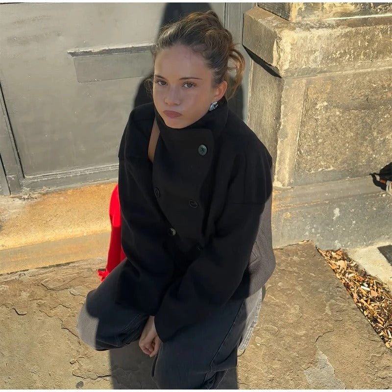 Rose Wolblend Dames Jas met Hoge Kraag & Dubbele Knopen