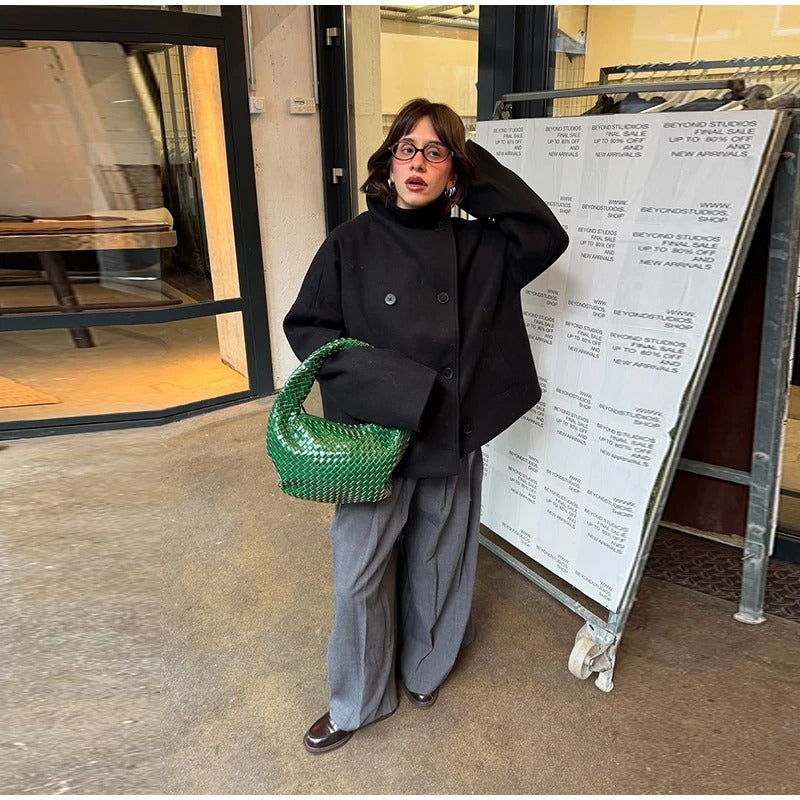 Rose Wolblend Dames Jas met Hoge Kraag & Dubbele Knopen