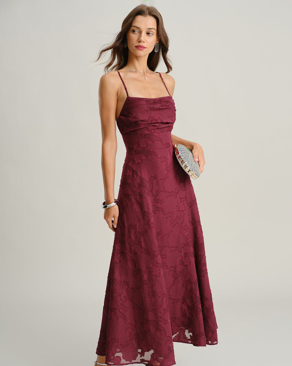 Rose Wijnrode Jacquard Maxi-Jurk met Slip