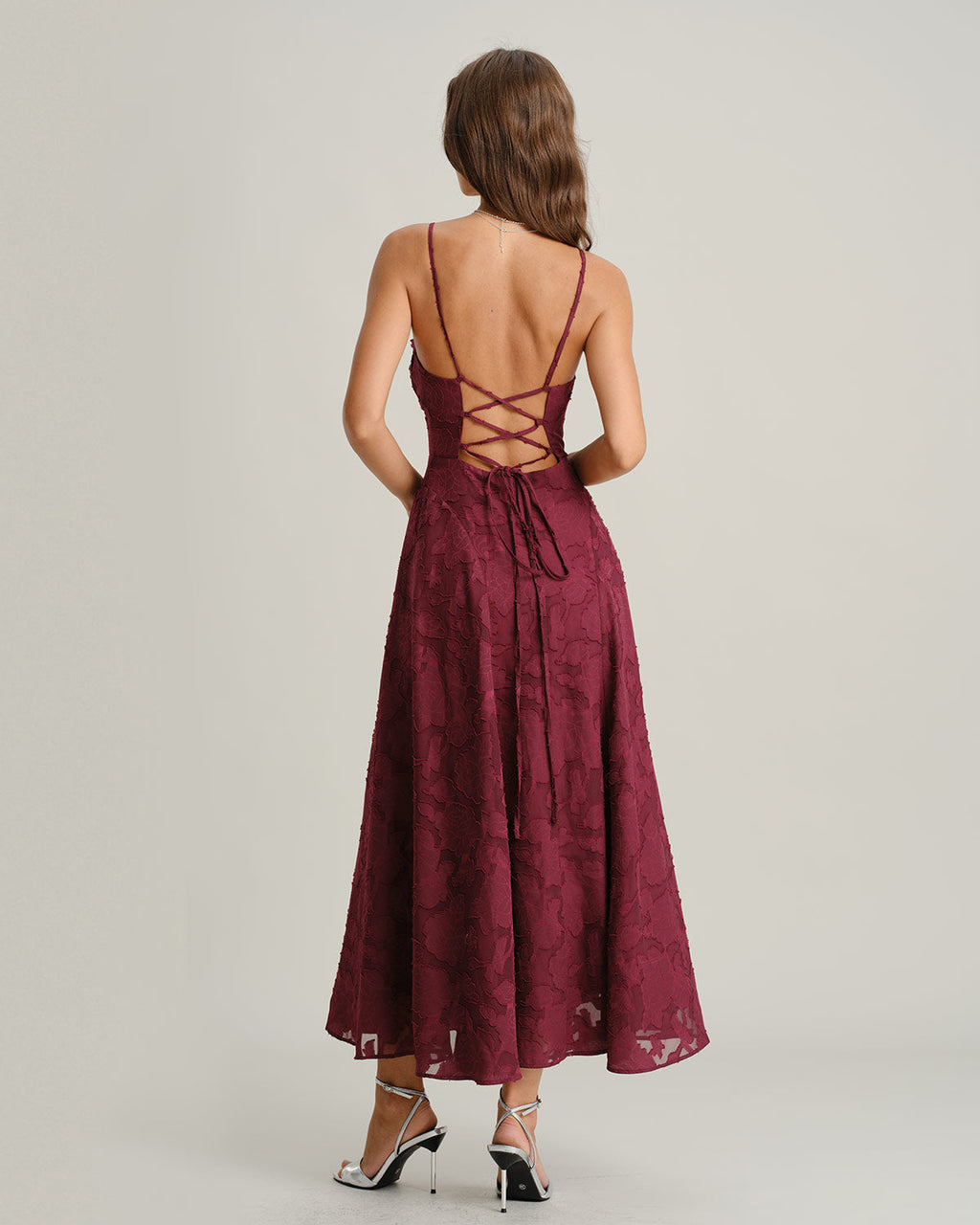 Rose Wijnrode Jacquard Maxi-Jurk met Slip