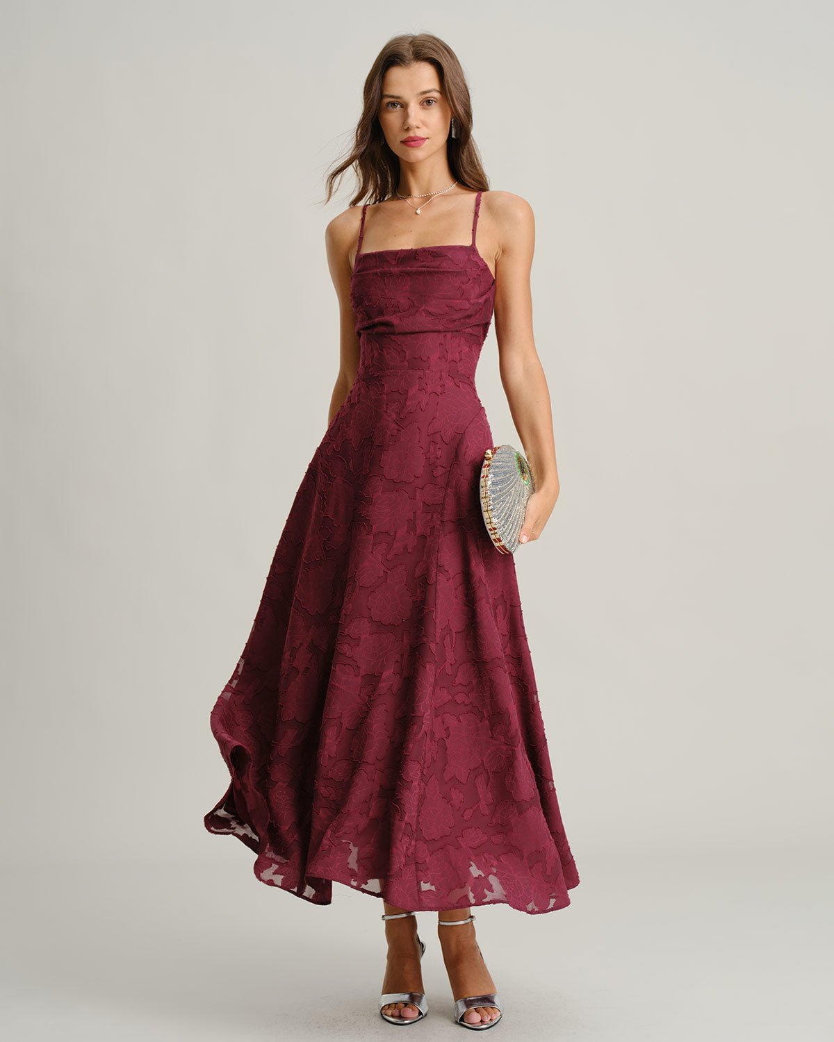 Rose Wijnrode Jacquard Maxi-Jurk met Slip