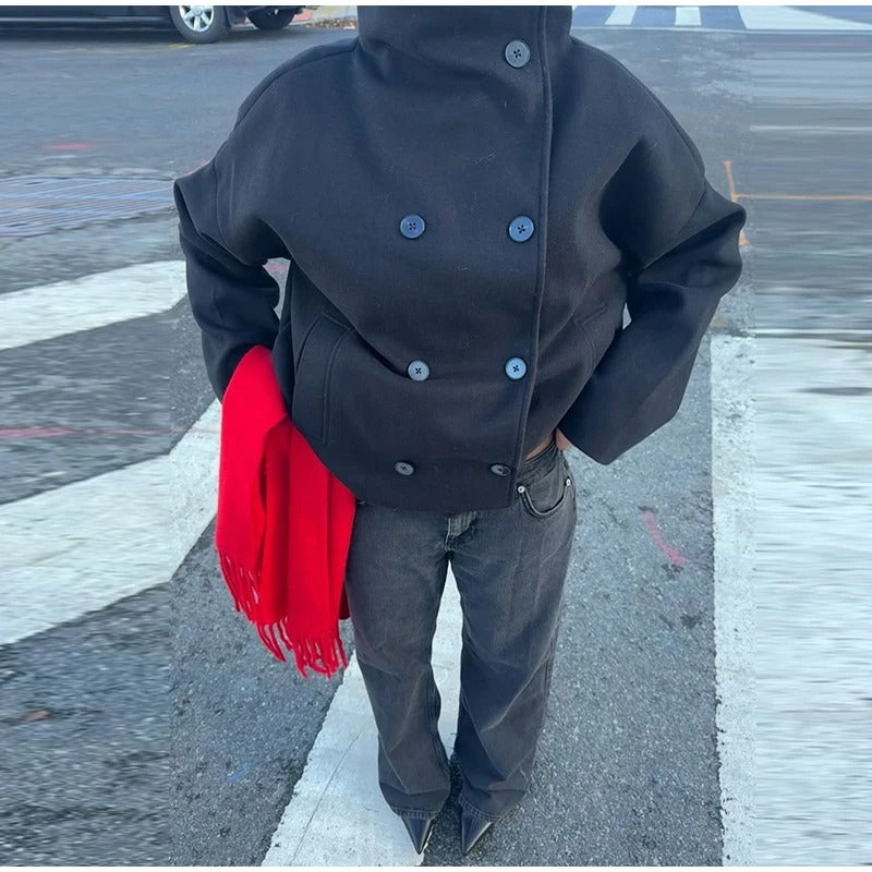 Rose Wolblend Dames Jas met Hoge Kraag & Dubbele Knopen